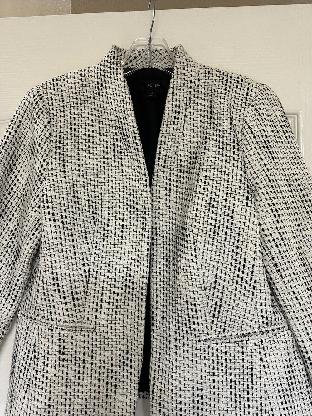 J.Crew Tweed Open Front Blazer Black White Collarless Jacket LP